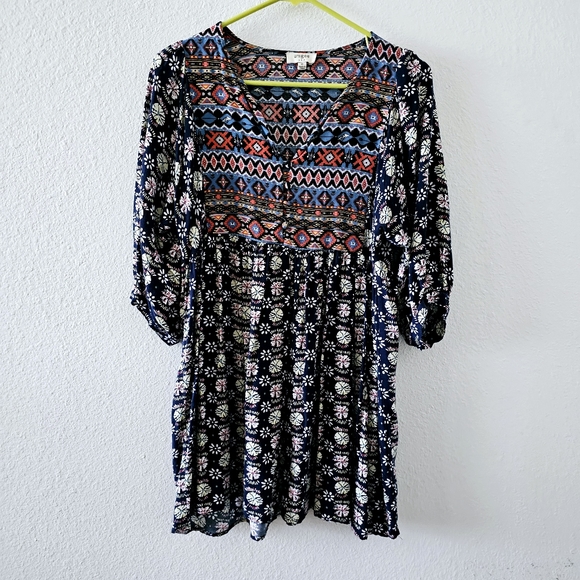 Umgee floral mini dress size M boho southwestern tunic flowy blue orange - Picture 2 of 9